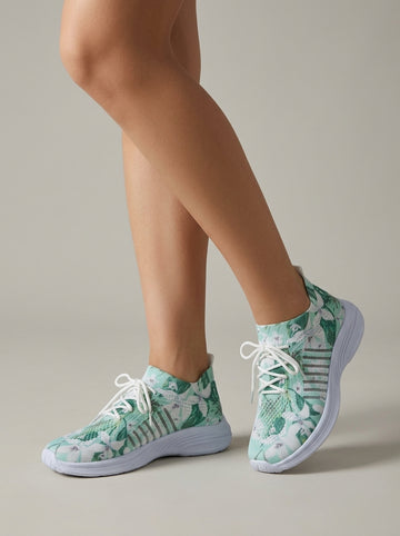 Women's Sneakers - Floral Print Mesh Upper - Lace-Up - Cushioned Sole