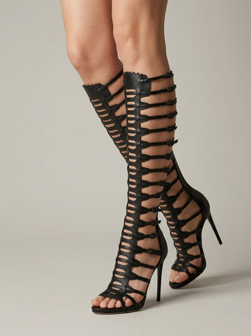 Women's Knee-High Gladiator Heeled Sandals - Open Toe Stiletto Heel