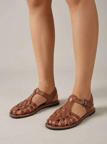 Women's Sandals Fisherman Woven Closed-Toe Flat T-Strap Ankle Buckle
