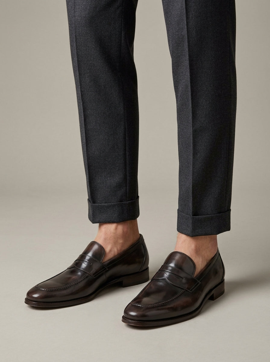 Men's Loafers Square Toe Slip-On Glossy Black Penny Loafer Style