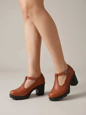 Women's Mary Jane Heels T-Strap Brogue Block Heel Buckle Closure