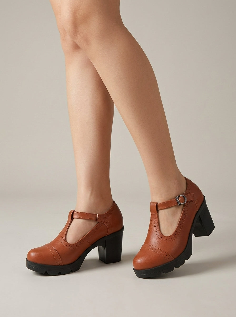 Women's Mary Jane Heels T-Strap Brogue Block Heel Buckle Closure