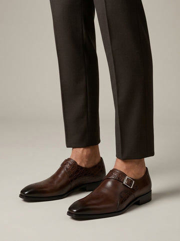 Men's Single Monk Strap Dress Shoes – Pointed Toe Brogue Detail Leather