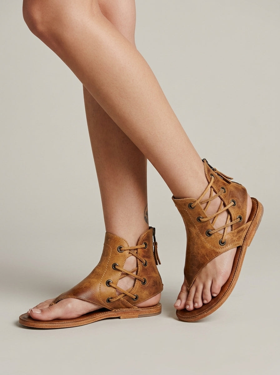 Women's Cowboy Thong Sandals with Lace-Up Ankle Cuff and Back Zip