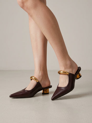 Women's Mules - Sculptural Bar Detail with Low Cylinder Heel