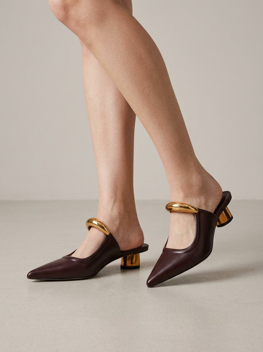 Women's Mules - Sculptural Bar Detail with Low Cylinder Heel