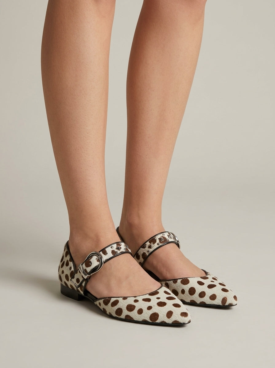Women's Flats Pointed-Toe Animal Print Studded Ankle Strap