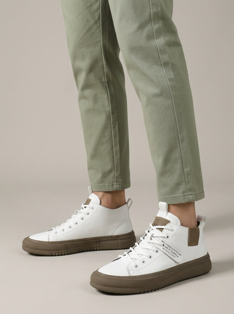 Men's Leather Mid-Top Lace-Up High Tops with Contrasting Tab