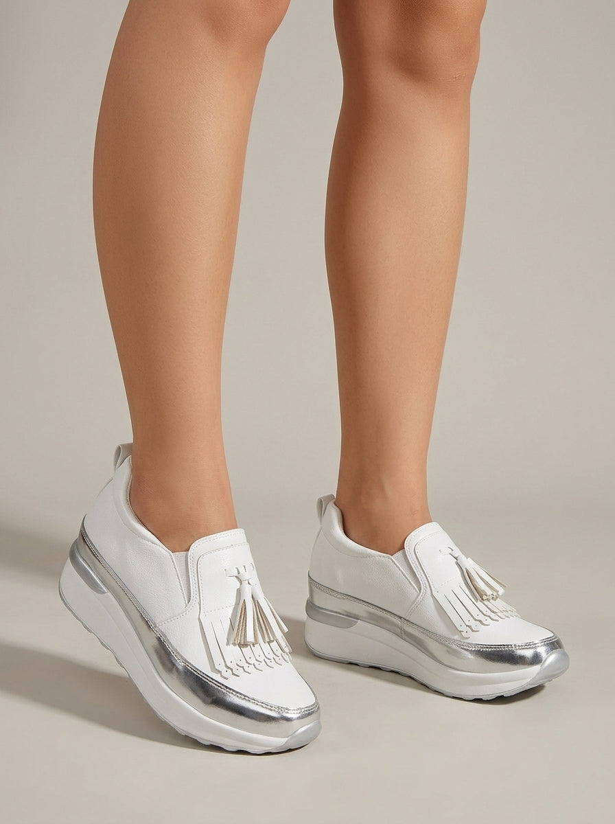 Women's Platform Slip-On Sneakers - Fringe Tassel Low-Top Athletic