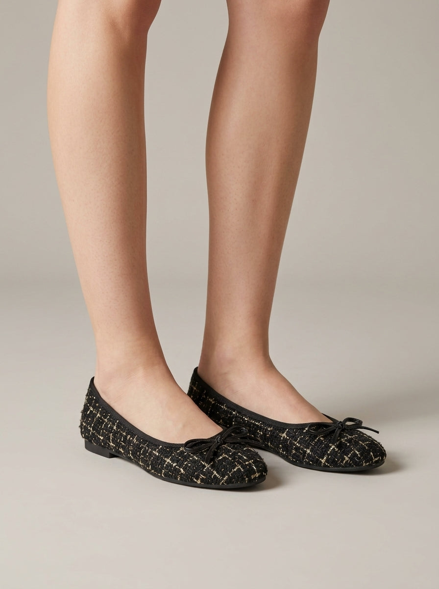 Women's Tweed Ballet Flats with Square Toe and Bow Detail Slip-On