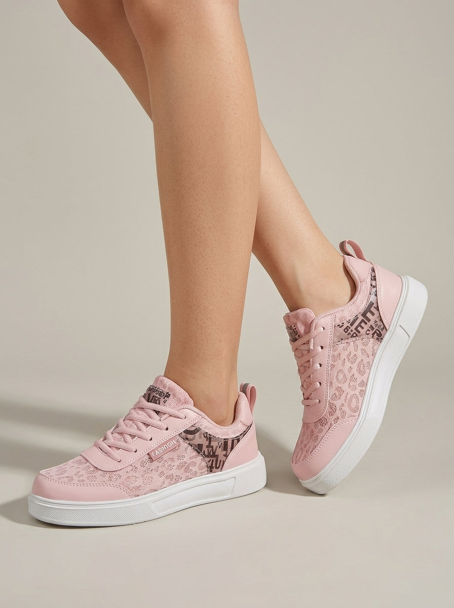Women's Lace-Up Low-Top Sneakers - Graphic Print - Mixed Material