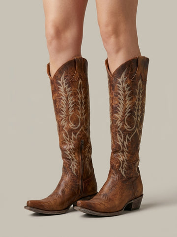 Women's Boots Over-the-Knee Embroidered Lace-Up Back Western