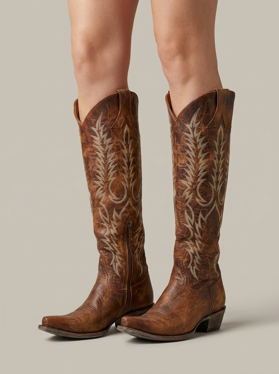 Women's Boots Over-the-Knee Embroidered Lace-Up Back Western
