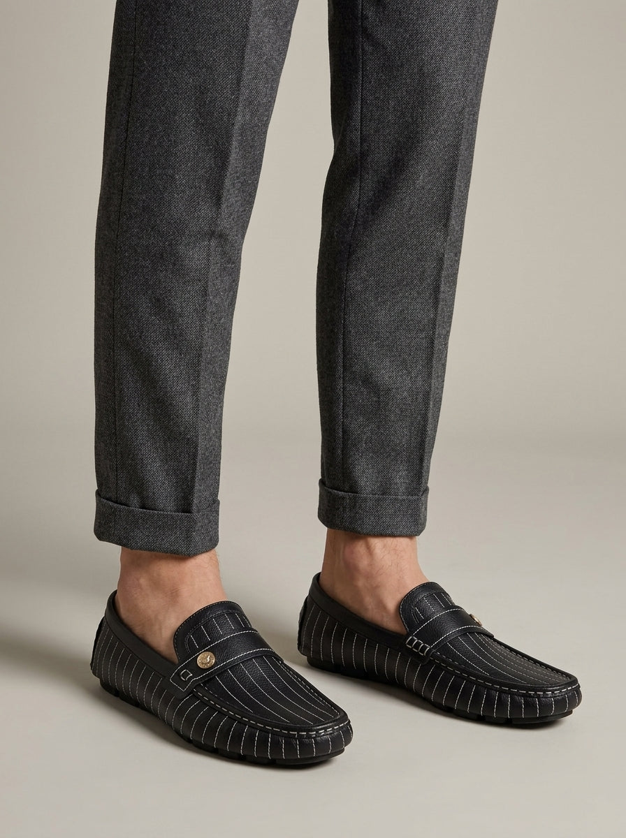 Men's Leather Penny Loafers Slip-On Moccasins - Pinstripe Pattern