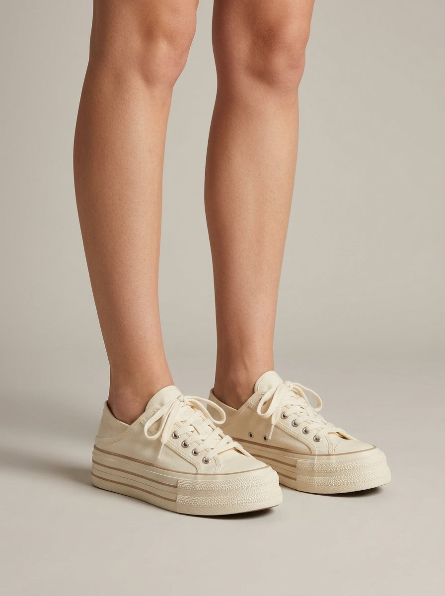 Women's Platform Sneakers Satin Ribbon Laces Layered Sole