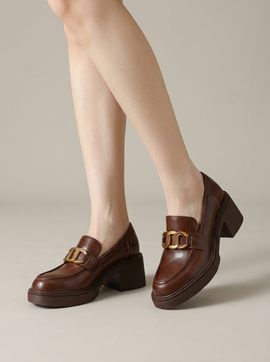 Women's Platform Loafers Chain Link Hardware Block Heels