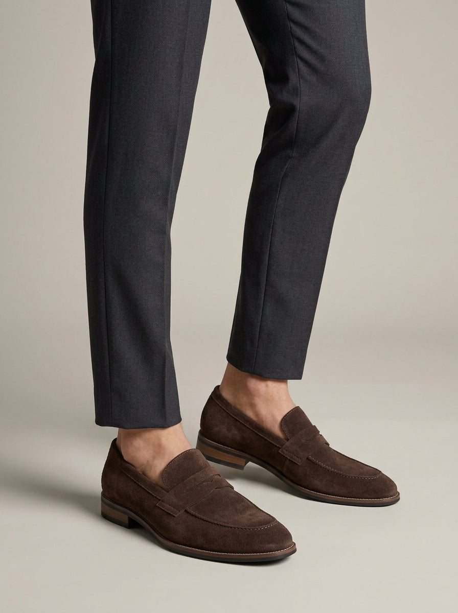 Men's Penny Loafers Suede Slip-On Low Block Heel