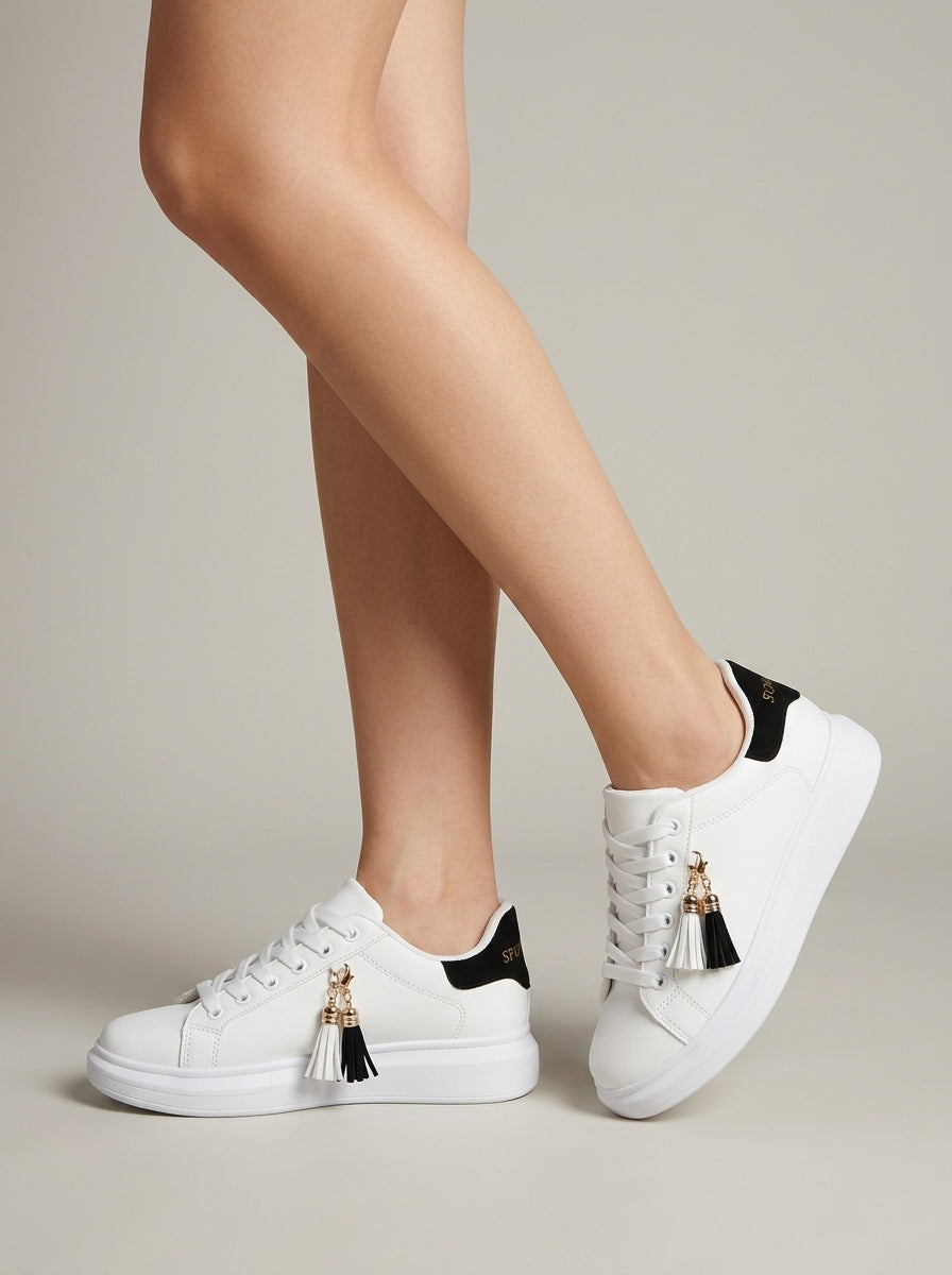 Women's Low-Top Lace-Up Sneakers - Tassel Detail - Flat Sole