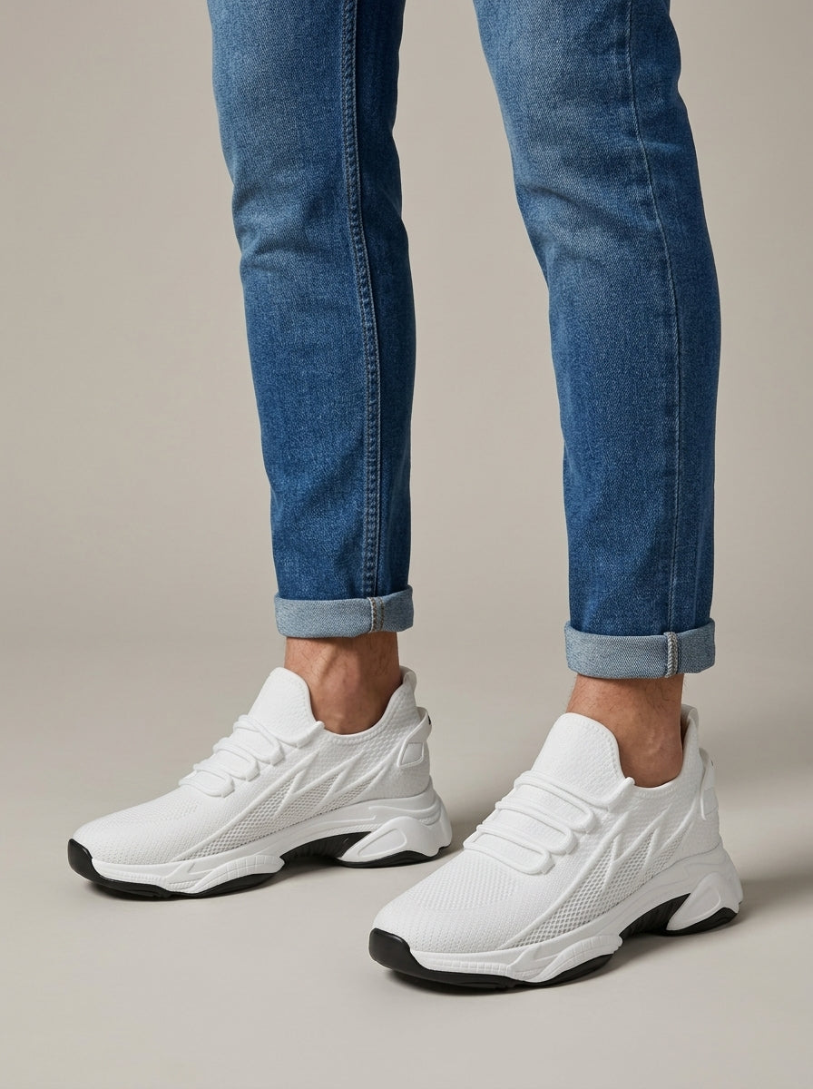 Men's Knit Sneakers with Lace-Up Closure and 8cm Height-Increase Sole