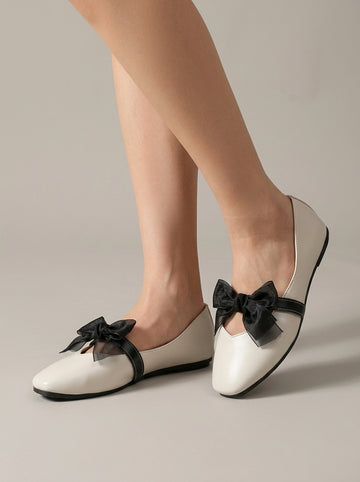 Women's Square Toe Ballet Flats with Mesh Bow and Contrast Strap Detail