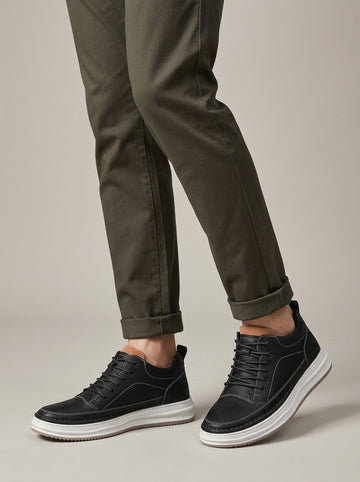 Men's High Tops Mid-Top Lace-Up Platform Sole Leather Sneakers - 6cm