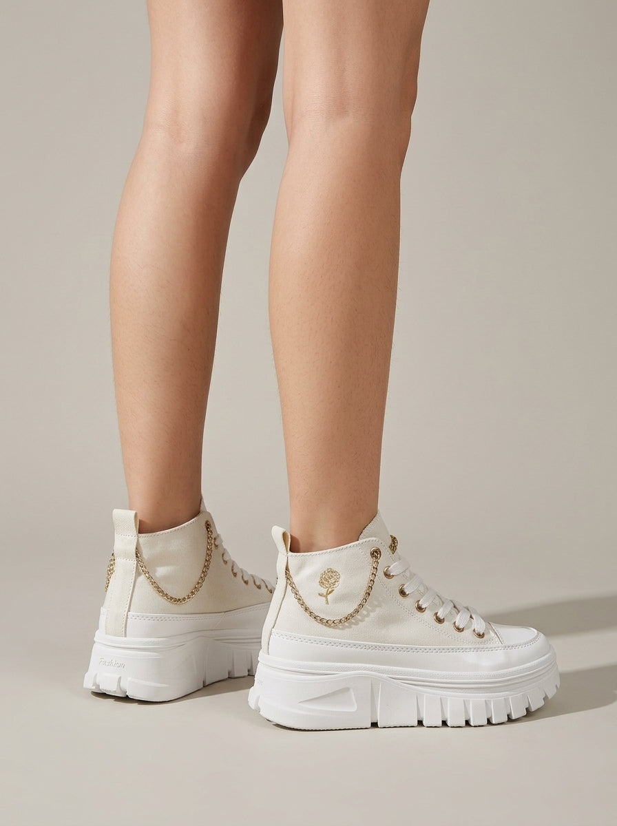Women’s High-Top Sneakers with Rounded Toe - Lace-Up - Platform Sole - Chain Detail