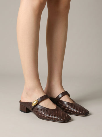 Women's Leather Flats - Mary Jane Mesh Mules - Square Toe - Backless