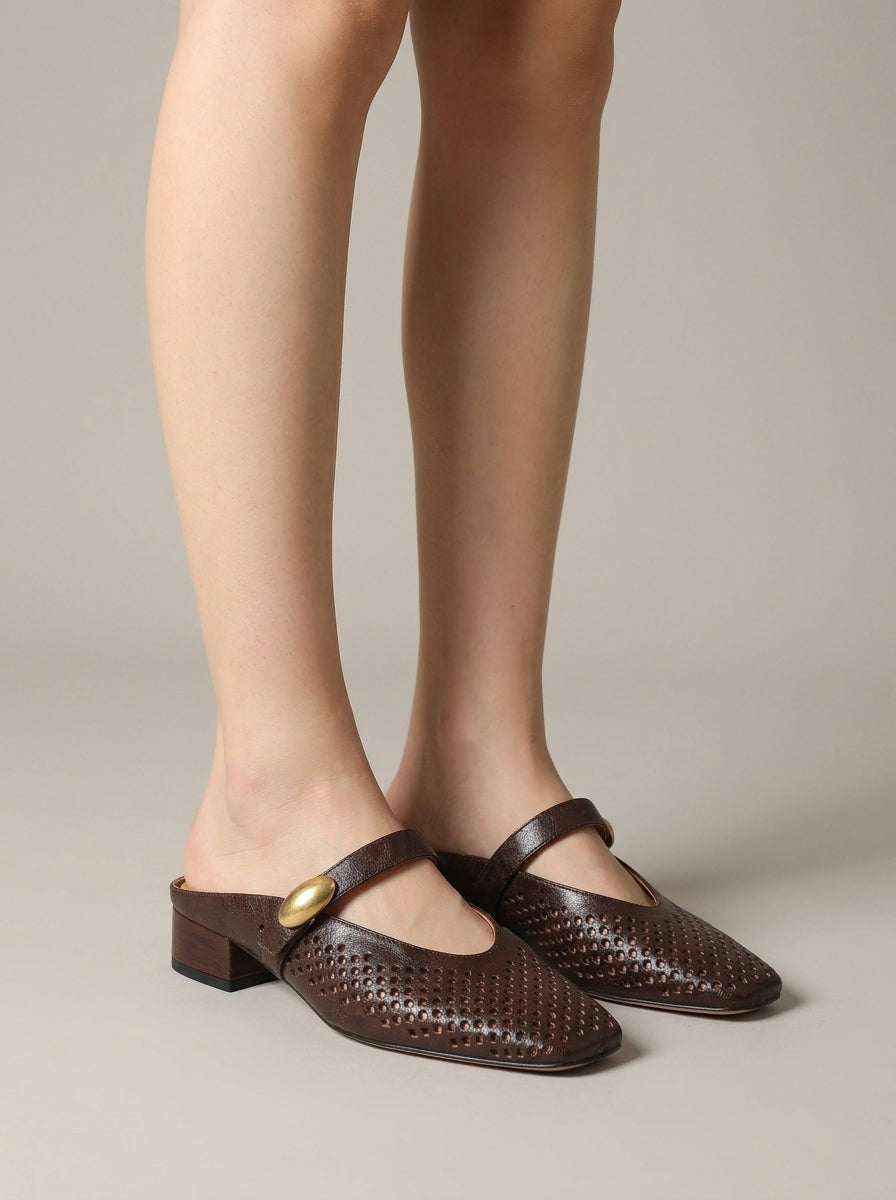 Women's Leather Flats - Mary Jane Mesh Mules - Square Toe - Backless