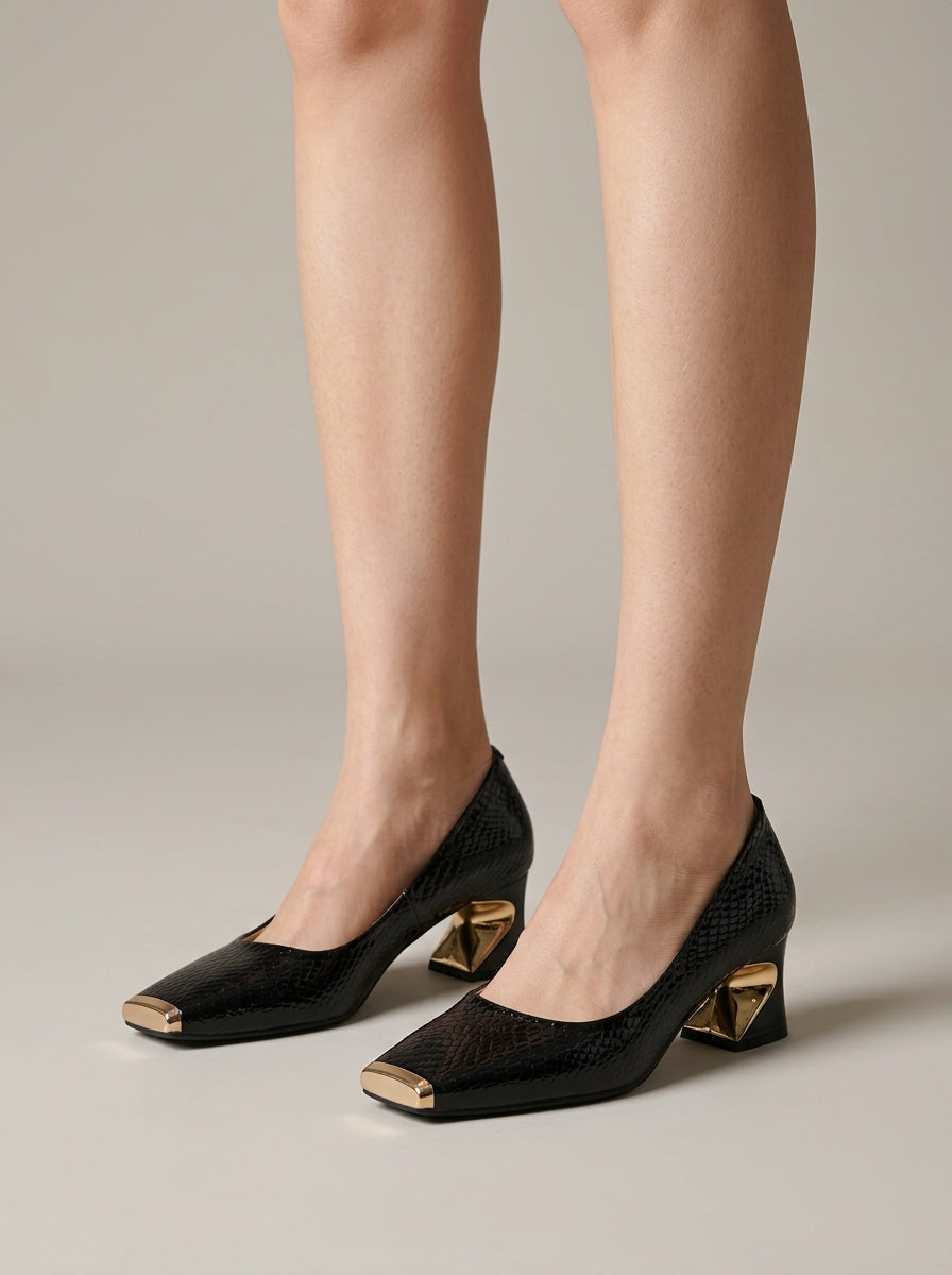 Women's Croc-Embossed Slip-On Pumps with Metal Cap Toe and Sculpted Heel