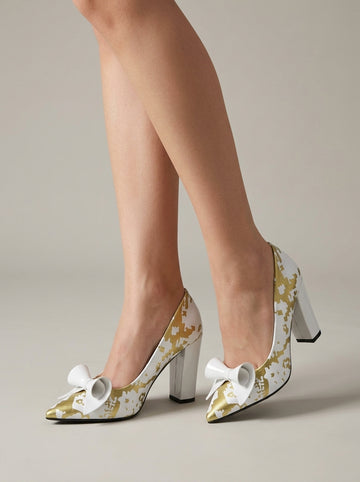 Women's Heels Pointed Toe Crocodile Print Bow Block Heel Pumps