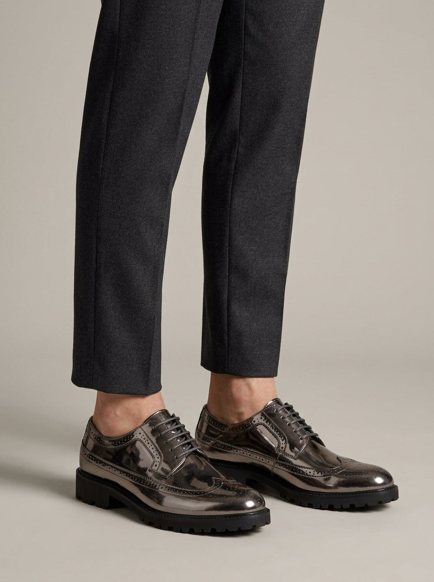 Men's Patent Wingtip Brogue Oxford Shoes with Lace-Up and Lugged Sole