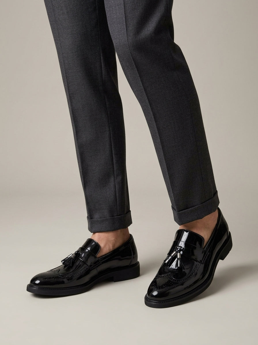 Men's Leather Glossy Tassel Platform Loafers - Rubber Sole Slip-On Dress Shoes