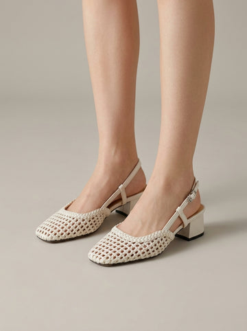Women's Slingback Heels Woven Mesh Square Toe Low Block Heel