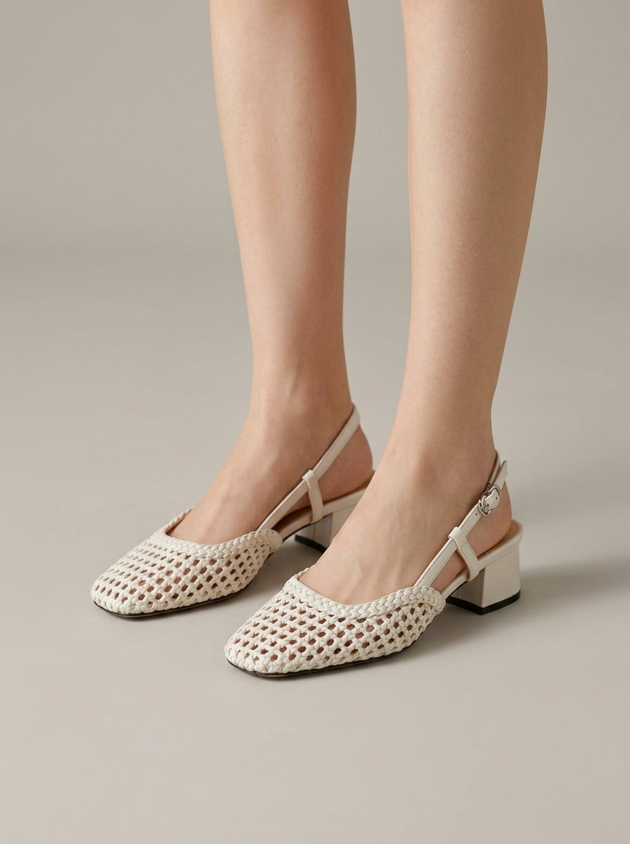 Women's Slingback Heels Woven Mesh Square Toe Low Block Heel