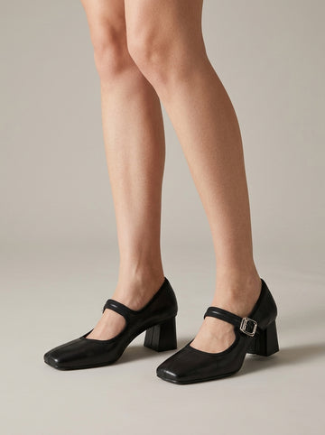 Women's Mary Jane Heels - Square Toe - Block Heel - Ankle Strap