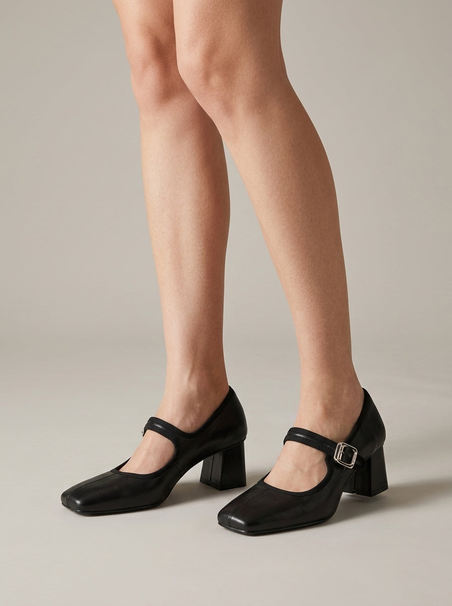 Women's Mary Jane Heels - Square Toe - Block Heel - Ankle Strap