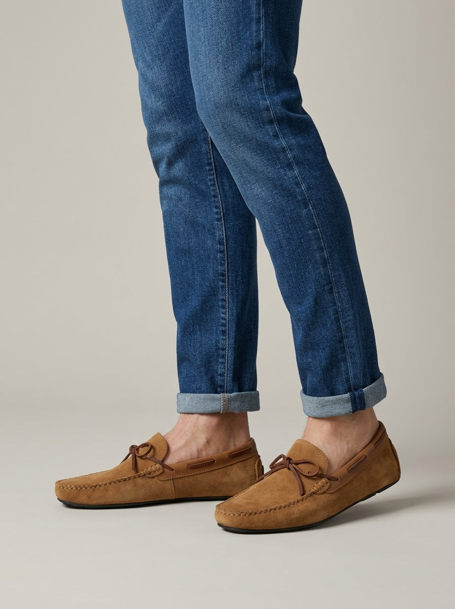Men's Loafers Suede Moccasin Bow Lace Driving Penny Loafers