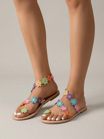 Women's Flat Toe Ring Sandals with Floral Appliqué Ankle Strap Detail