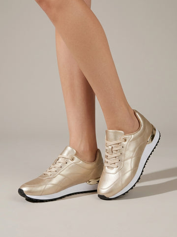 Women's Lace-Up Low-Top Sneakers with Smooth Upper and Metallic Heel Trim