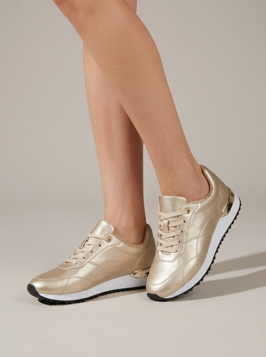 Women's Lace-Up Low-Top Sneakers with Smooth Upper and Metallic Heel Trim