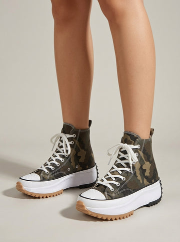 Women's Platform High Top Sneakers – Lace-Up Canvas - Serrated Sole
