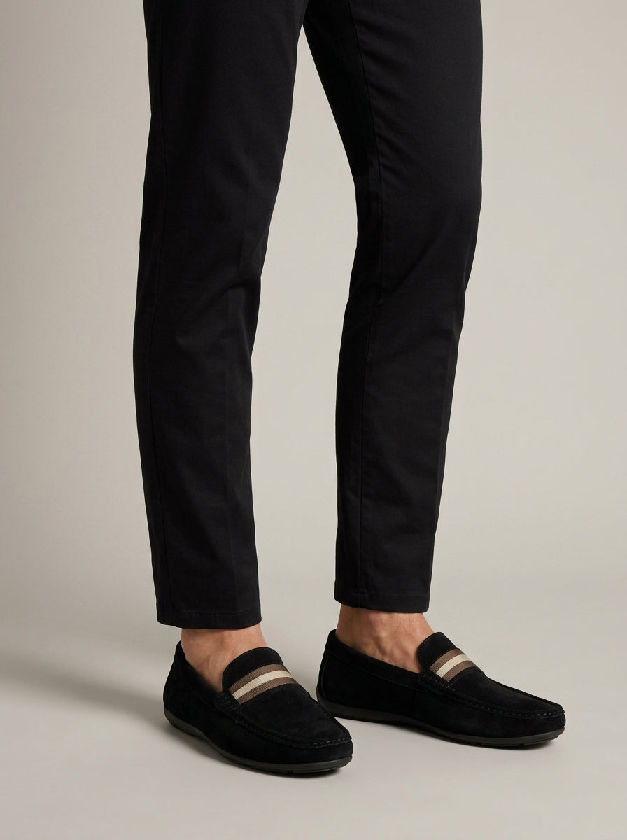 Men's Suede Slip-On Loafers with Moc Toe and Woven Strap Detail