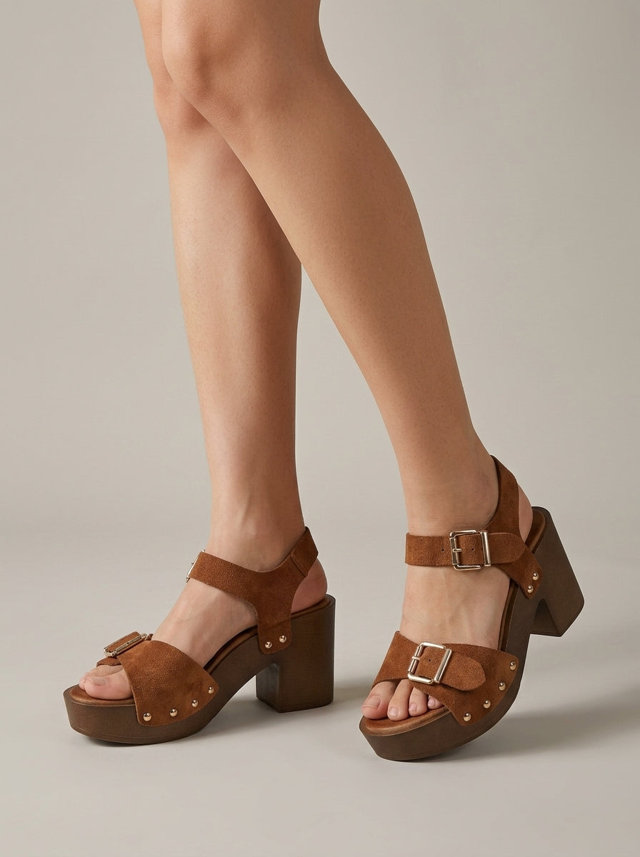 Women's Open Toe Platform Sandals with Double Buckle Strap and Block Heel