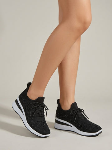 Women's Knit Lace-Up Sneakers - Rhinestone Detail With Wedge Sole