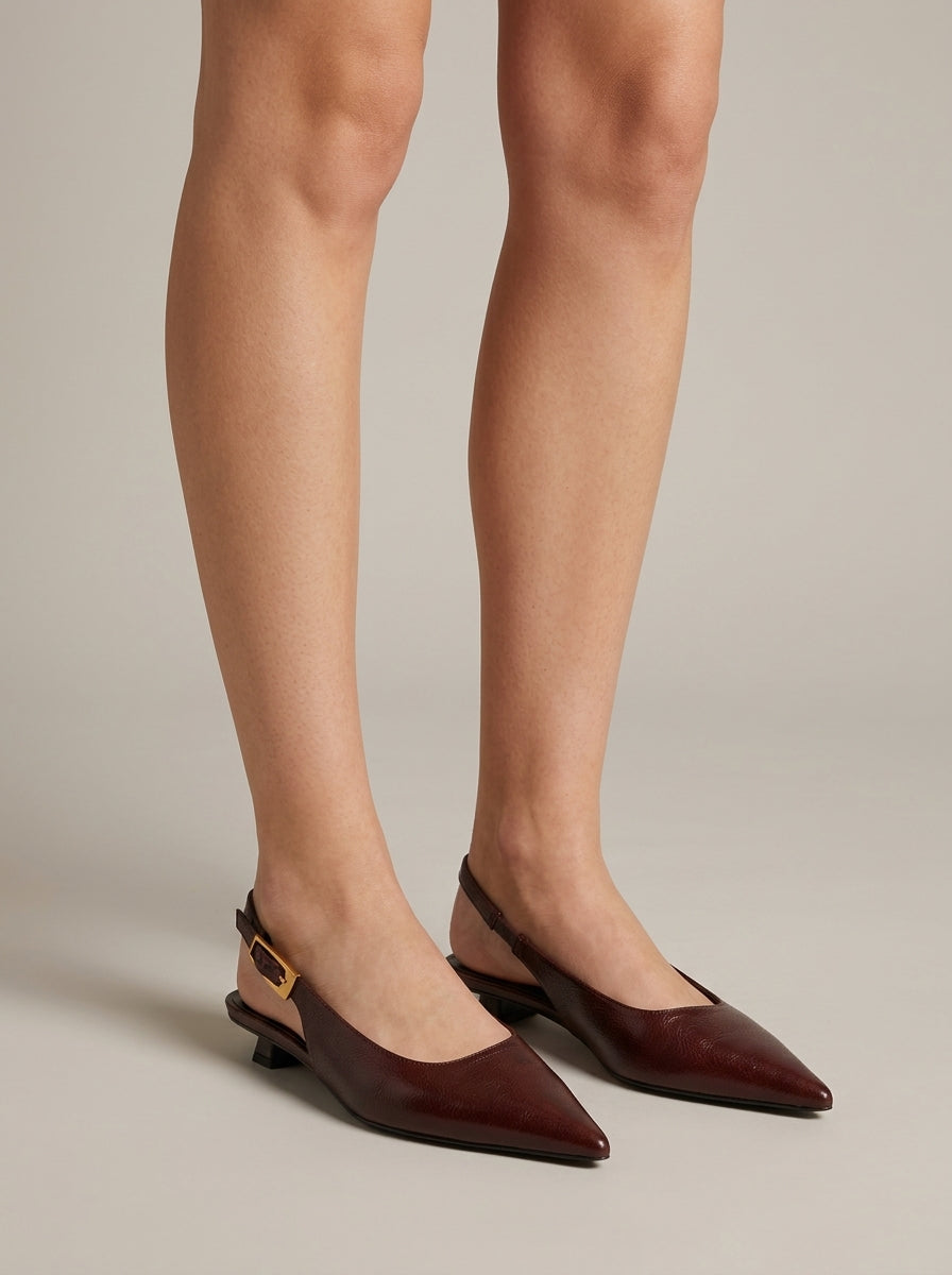 Women's Kitten Heels - Pointed Toe Slingback Pumps - Gold-Tone Buckle Strap