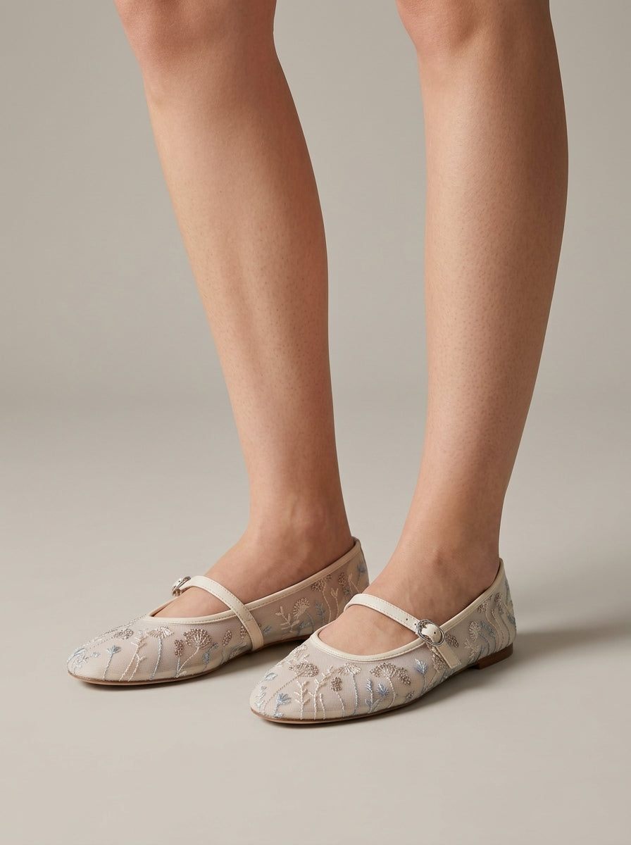 Women's Flats Mesh Embroidered Mary Jane Ankle Strap Ballet