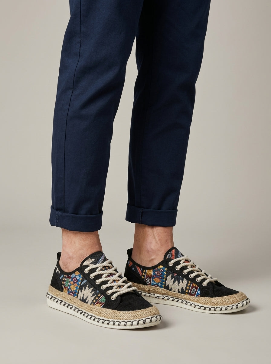 Men's Lace-Up Espadrille Sneakers with Tribal Pattern Panel