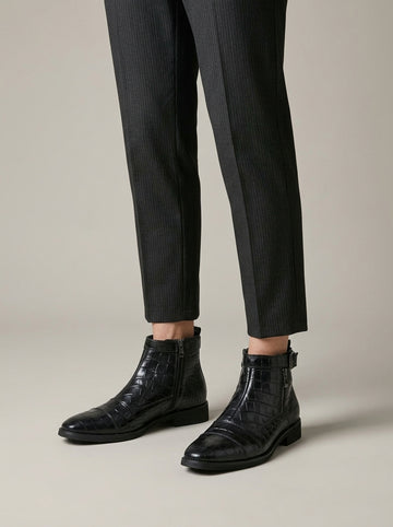 Men's Side Zip Ankle Boots with Croc-Embossed Upper and Block Heel