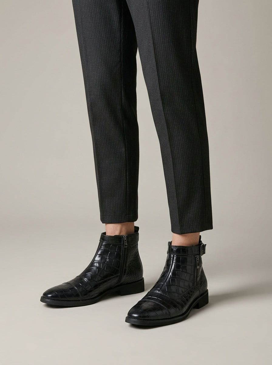 Men's Side Zip Ankle Boots with Croc-Embossed Upper and Block Heel