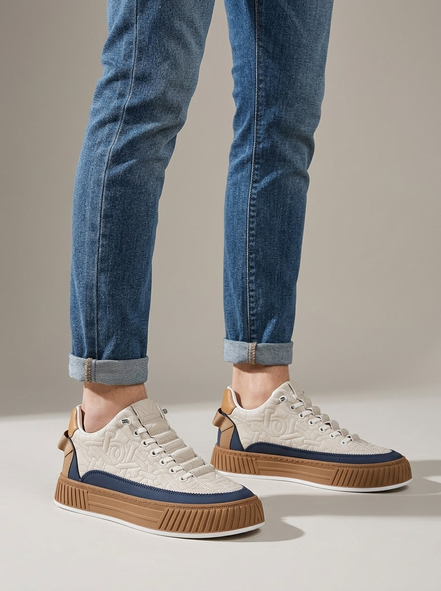 Men's Low-Top Quilted Sneakers - Chunky Platform - Lace-Up